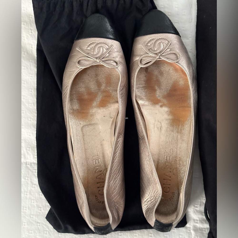 CHANEL Women's Metallic Gold and Black Flats